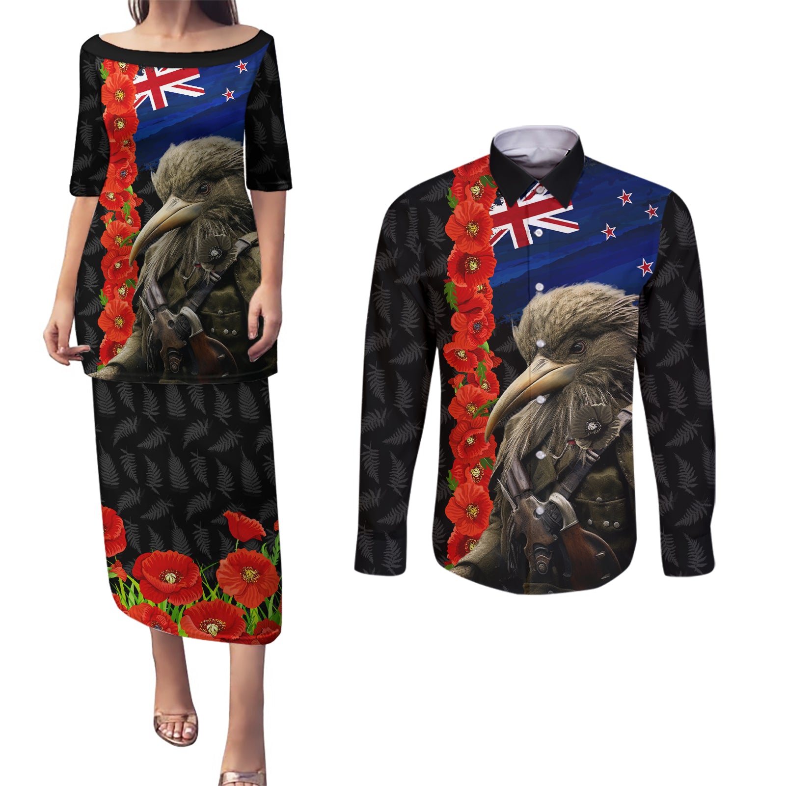 New Zealand Kiwi Soldier ANZAC Couples Matching Puletasi and Long Sleeve Button Shirt Red Poppy Flower and Silver Fern Pattern LT03 Black - Polynesian Pride