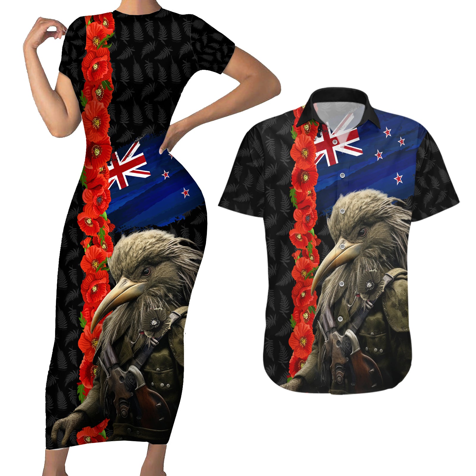 New Zealand Kiwi Soldier ANZAC Couples Matching Short Sleeve Bodycon Dress and Hawaiian Shirt Red Poppy Flower and Silver Fern Pattern LT03 Black - Polynesian Pride