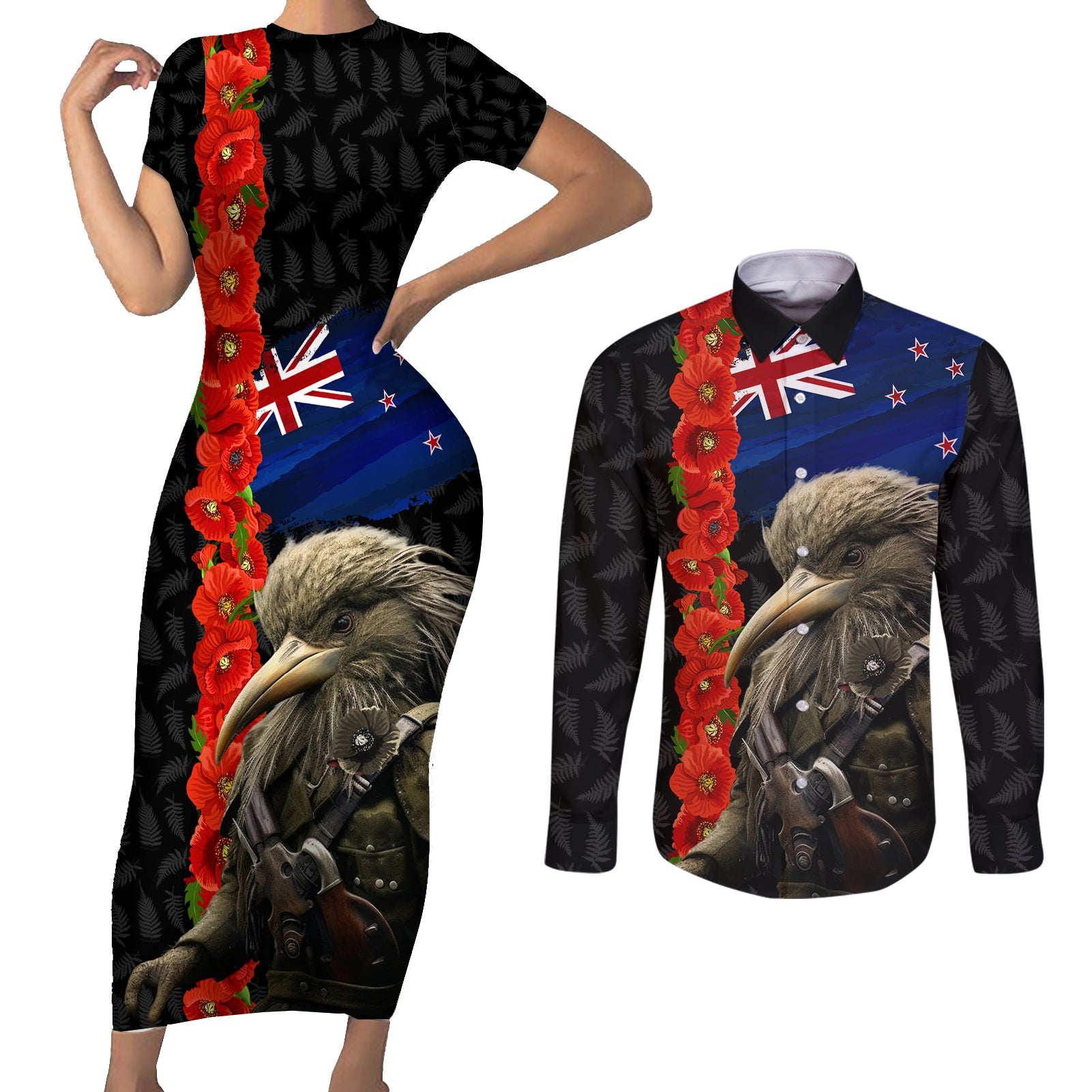 New Zealand Kiwi Soldier ANZAC Couples Matching Short Sleeve Bodycon Dress and Long Sleeve Button Shirt Red Poppy Flower and Silver Fern Pattern LT03 Black - Polynesian Pride