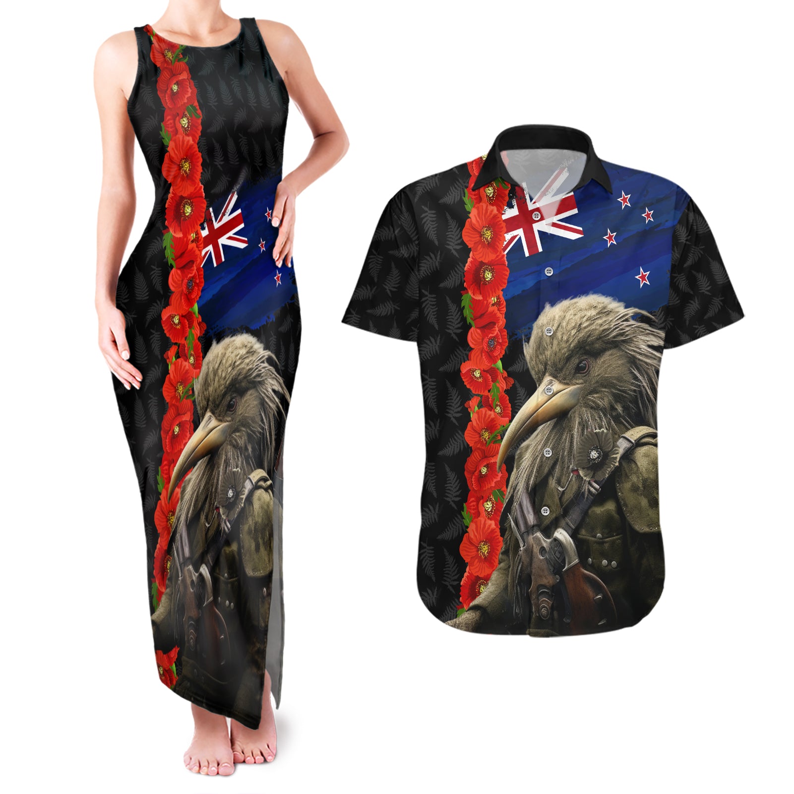 New Zealand Kiwi Soldier ANZAC Couples Matching Tank Maxi Dress and Hawaiian Shirt Red Poppy Flower and Silver Fern Pattern LT03 Black - Polynesian Pride