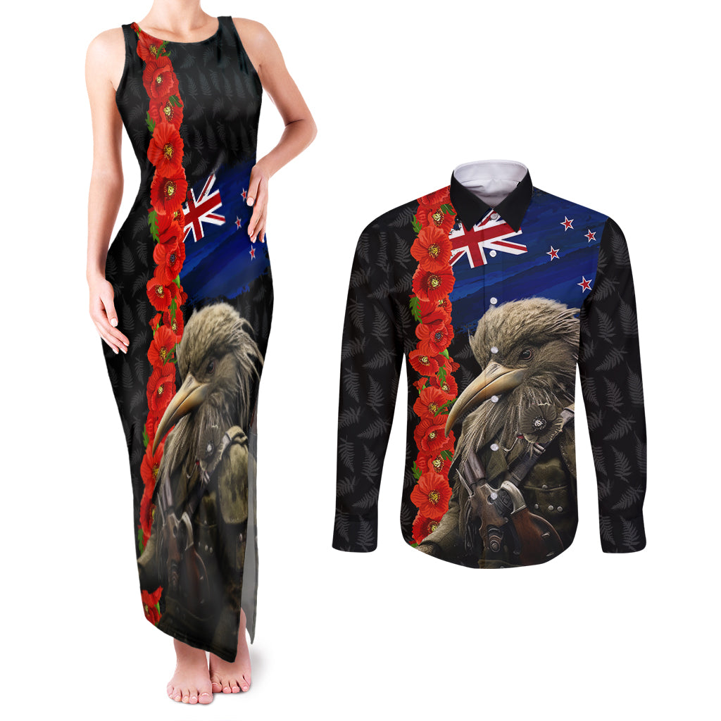 New Zealand Kiwi Soldier ANZAC Couples Matching Tank Maxi Dress and Long Sleeve Button Shirt Red Poppy Flower and Silver Fern Pattern LT03 Black - Polynesian Pride