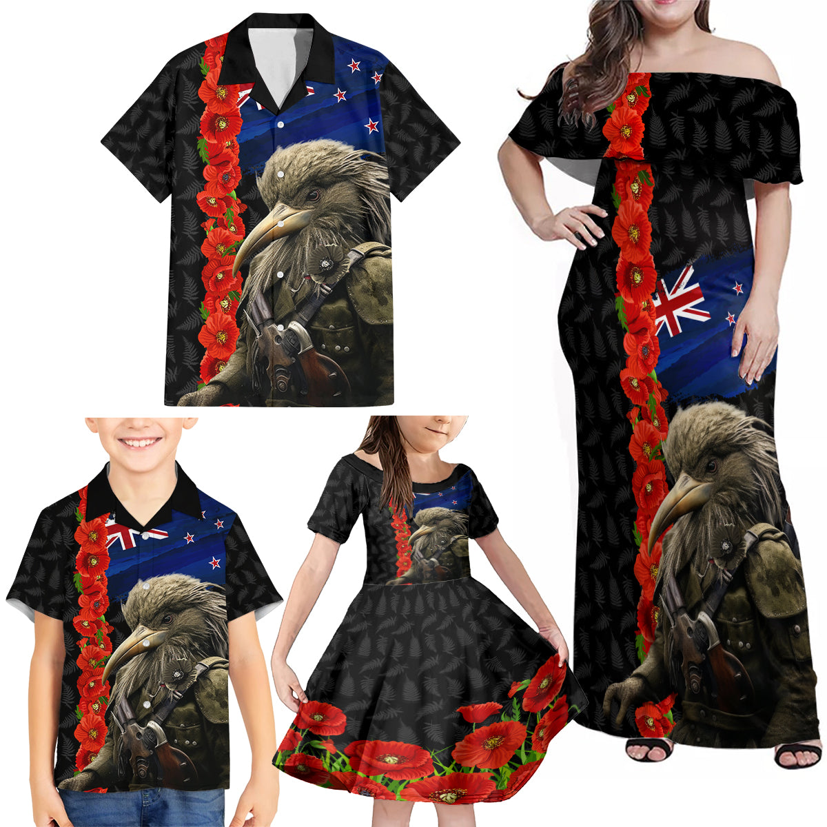 New Zealand Kiwi Soldier ANZAC Family Matching Off Shoulder Maxi Dress and Hawaiian Shirt Red Poppy Flower and Silver Fern Pattern LT03 - Polynesian Pride