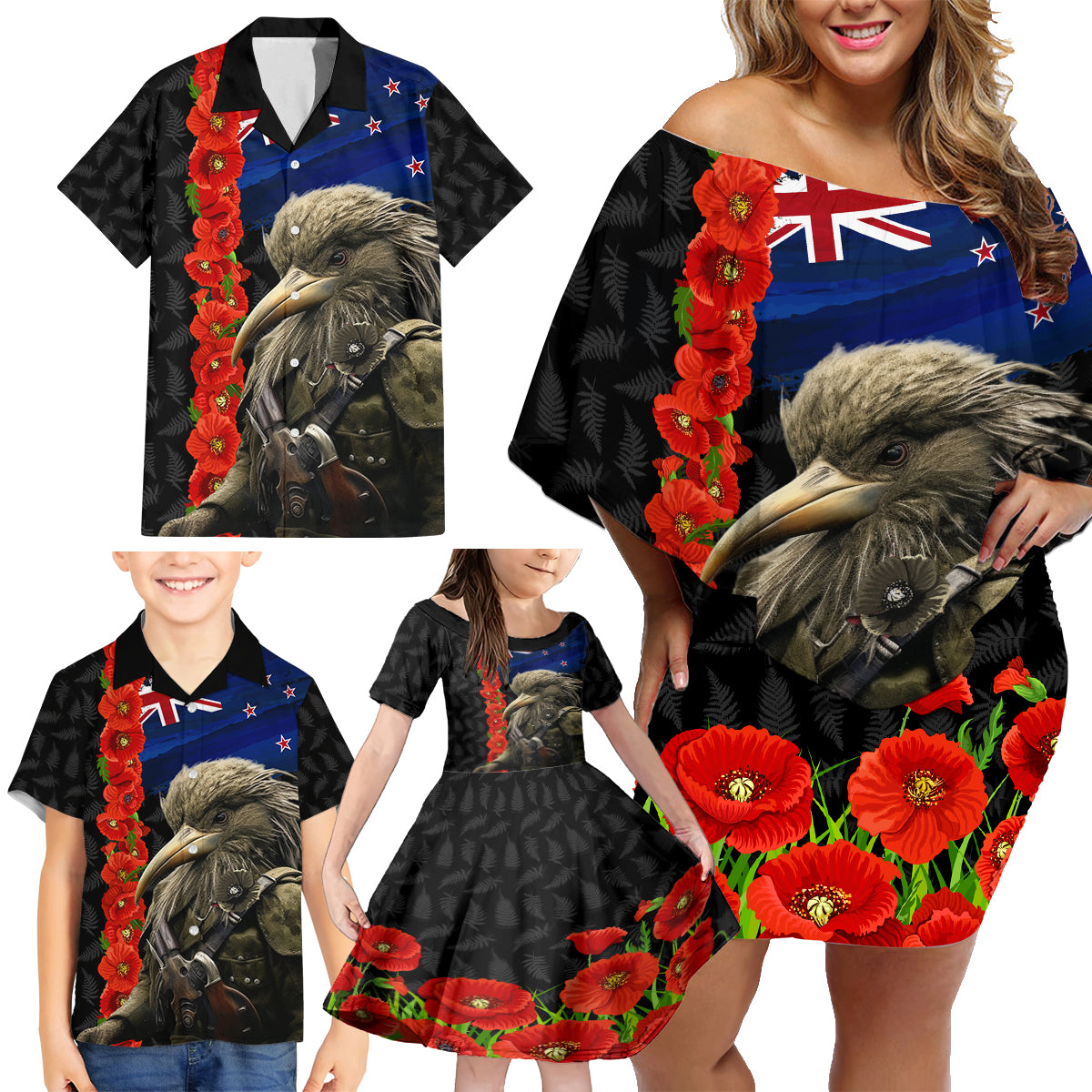 New Zealand Kiwi Soldier ANZAC Family Matching Off Shoulder Short Dress and Hawaiian Shirt Red Poppy Flower and Silver Fern Pattern LT03 - Polynesian Pride