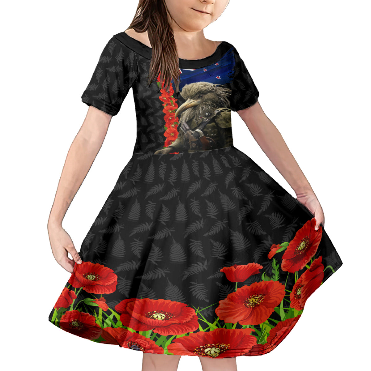 New Zealand Kiwi Soldier ANZAC Kid Short Sleeve Dress Red Poppy Flower and Silver Fern Pattern LT03 KID Black - Polynesian Pride