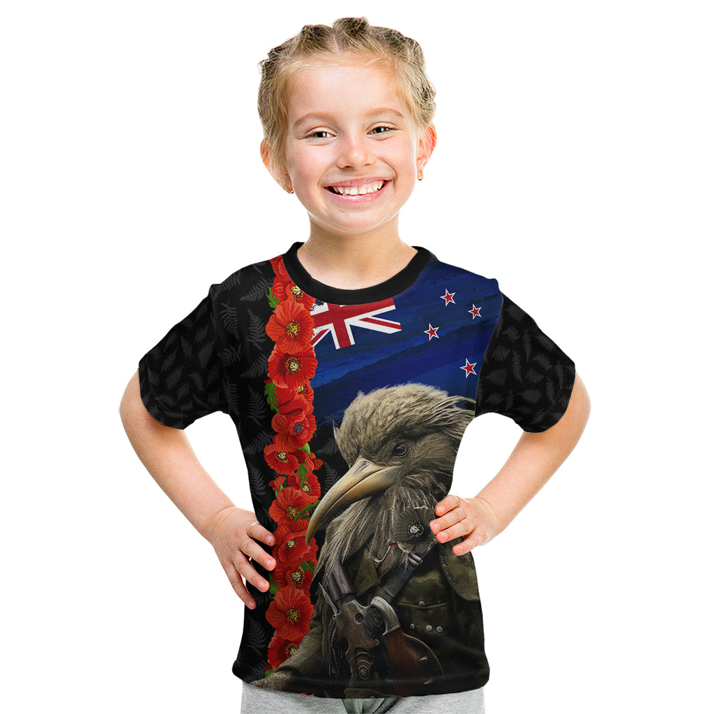 New Zealand Kiwi Soldier ANZAC Kid T Shirt Red Poppy Flower and Silver Fern Pattern LT03 Black - Polynesian Pride