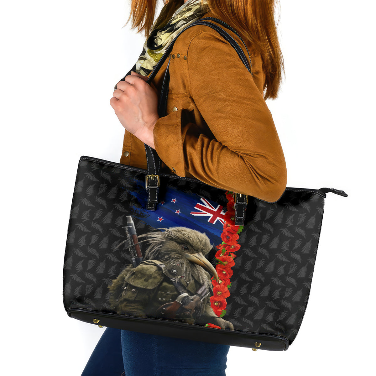 New Zealand Kiwi Soldier ANZAC Leather Tote Bag Red Poppy Flower and Silver Fern Pattern LT03 Black - Polynesian Pride