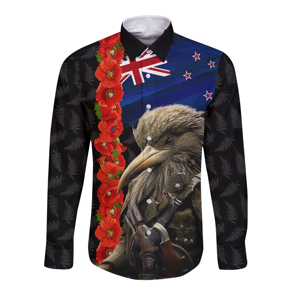 New Zealand Kiwi Soldier ANZAC Long Sleeve Button Shirt Red Poppy Flower and Silver Fern Pattern LT03 Unisex Black - Polynesian Pride