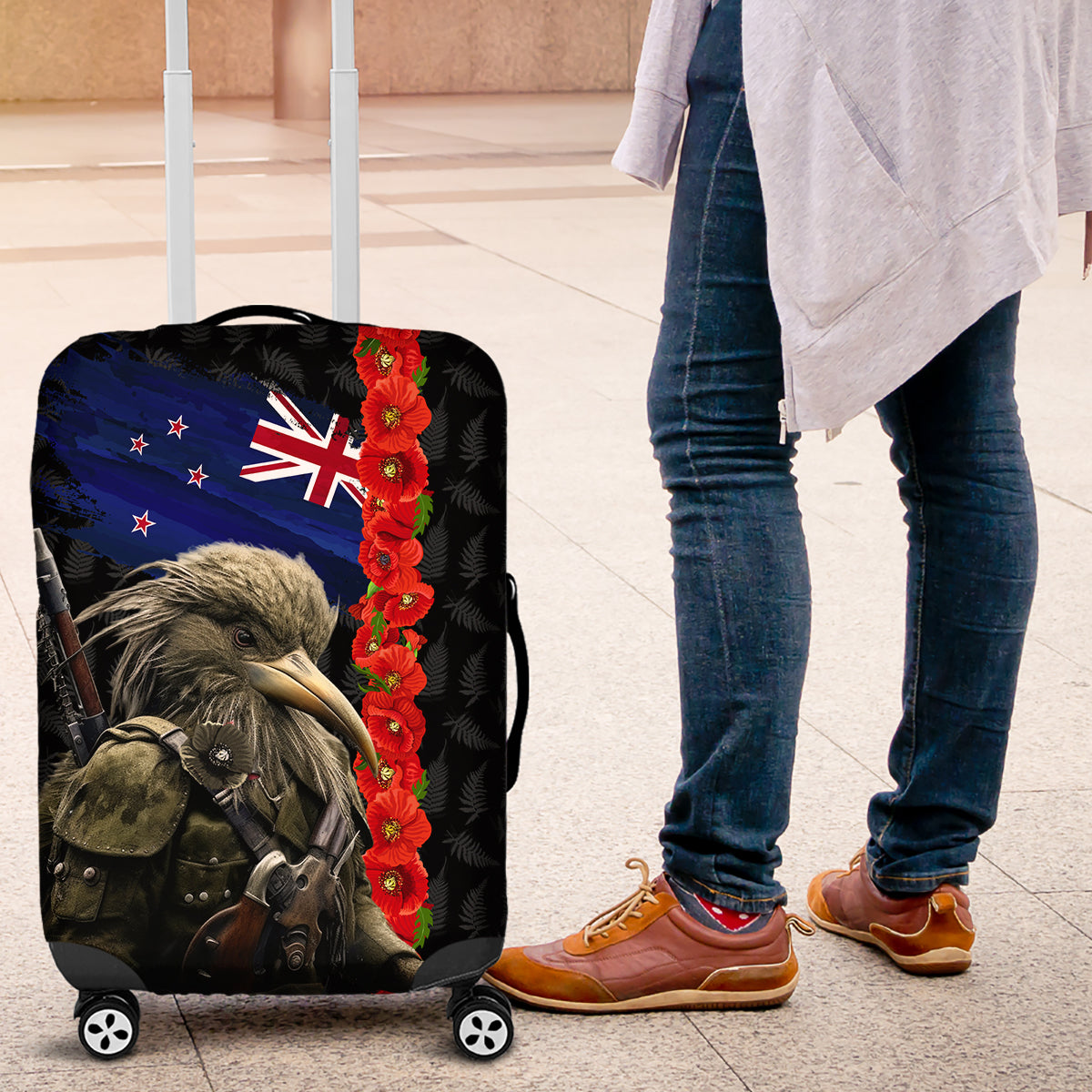 New Zealand Kiwi Soldier ANZAC Luggage Cover Red Poppy Flower and Silver Fern Pattern LT03 Black - Polynesian Pride