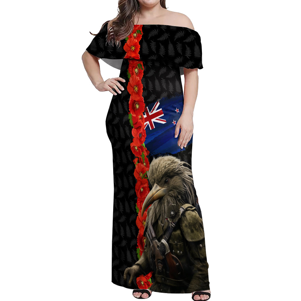 New Zealand Kiwi Soldier ANZAC Off Shoulder Maxi Dress Red Poppy Flower and Silver Fern Pattern LT03 Women Black - Polynesian Pride