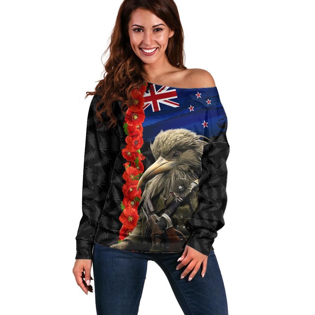 New Zealand Kiwi Soldier ANZAC Off Shoulder Sweater Red Poppy Flower and Silver Fern Pattern LT03 Women Black - Polynesian Pride