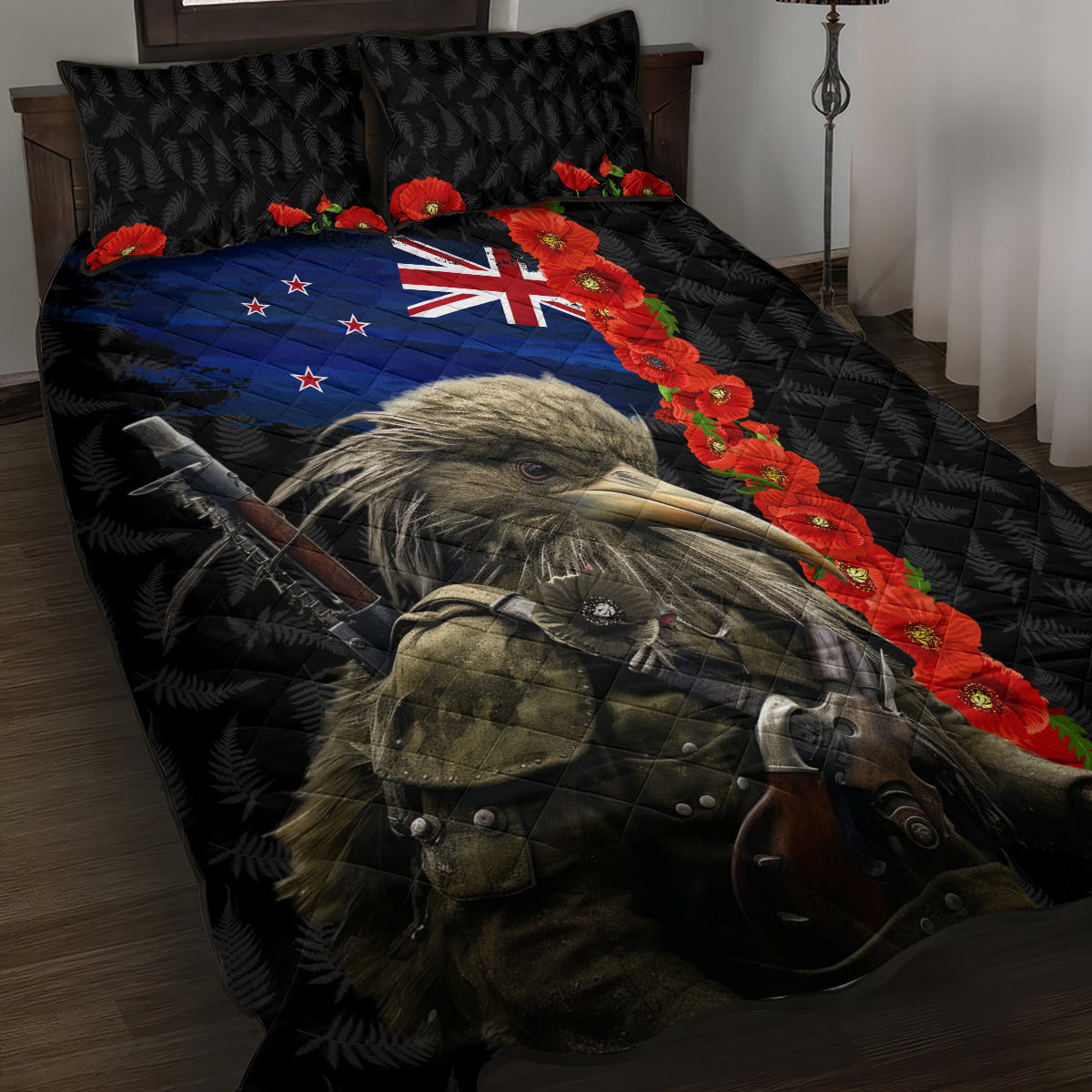 New Zealand Kiwi Soldier ANZAC Quilt Bed Set Red Poppy Flower and Silver Fern Pattern LT03 Black - Polynesian Pride