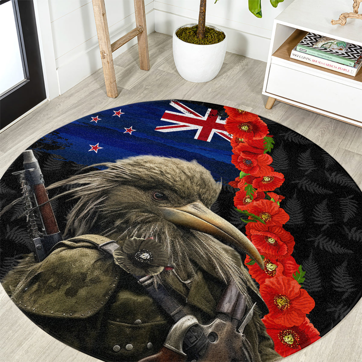 New Zealand Kiwi Soldier ANZAC Round Carpet Red Poppy Flower and Silver Fern Pattern LT03 Black - Polynesian Pride