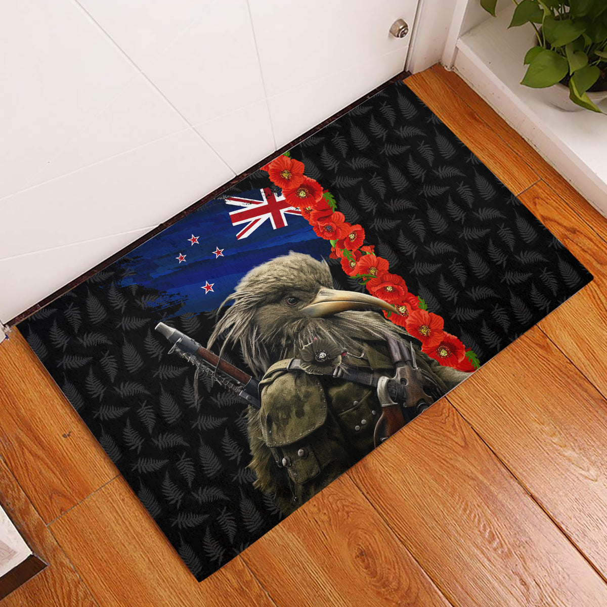 New Zealand Kiwi Soldier ANZAC Rubber Doormat Red Poppy Flower and Silver Fern Pattern LT03 Black - Polynesian Pride