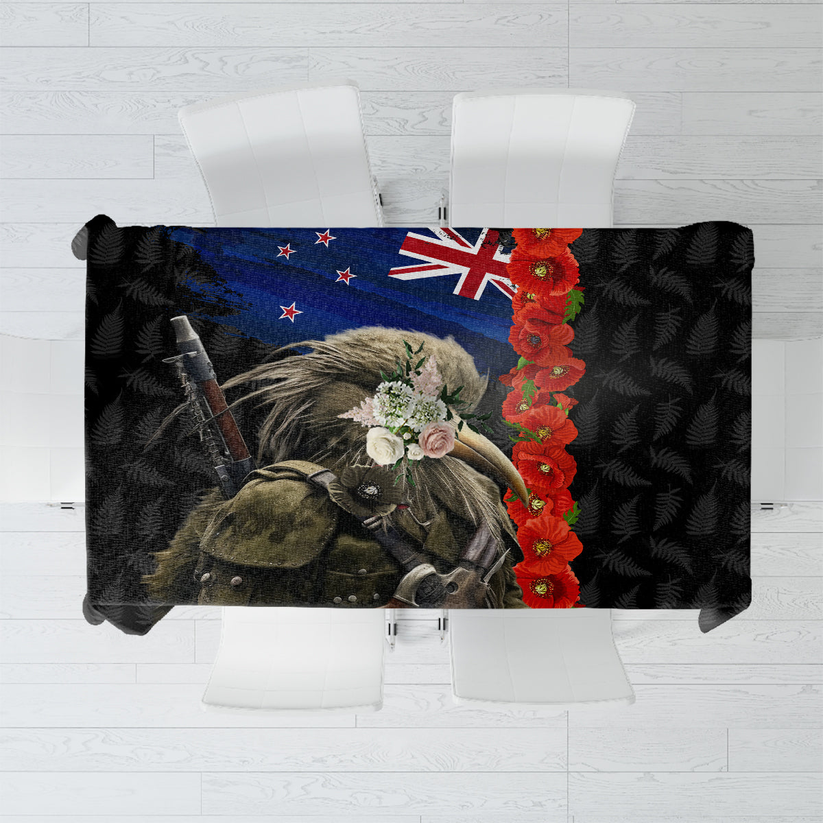 New Zealand Kiwi Soldier ANZAC Tablecloth Red Poppy Flower and Silver Fern Pattern LT03 Black - Polynesian Pride