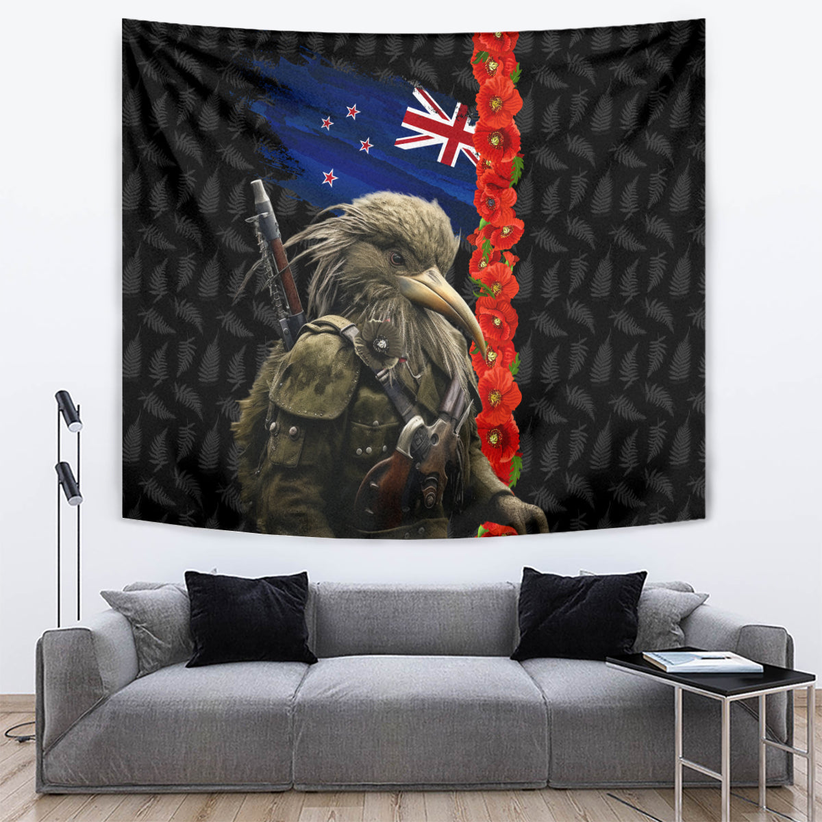 New Zealand Kiwi Soldier ANZAC Tapestry Red Poppy Flower and Silver Fern Pattern LT03 Black - Polynesian Pride