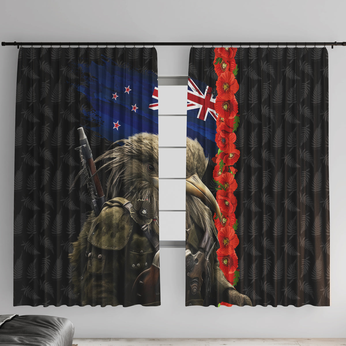 New Zealand Kiwi Soldier ANZAC Window Curtain Red Poppy Flower and Silver Fern Pattern LT03 With Hooks Black - Polynesian Pride