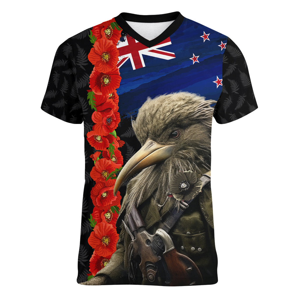 New Zealand Kiwi Soldier ANZAC Women V Neck T Shirt Red Poppy Flower and Silver Fern Pattern LT03 Female Black - Polynesian Pride