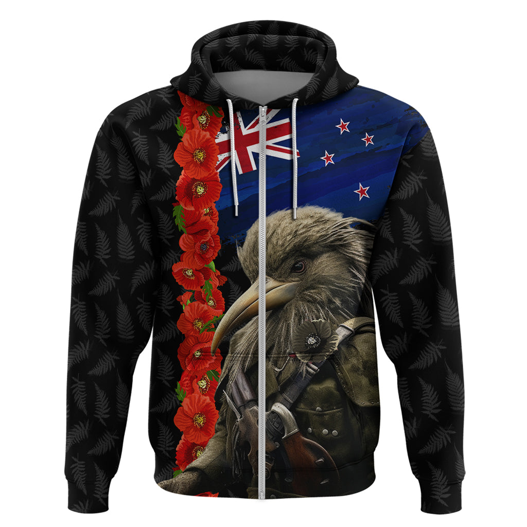 New Zealand Kiwi Soldier ANZAC Zip Hoodie Red Poppy Flower and Silver Fern Pattern LT03 Zip Hoodie Black - Polynesian Pride