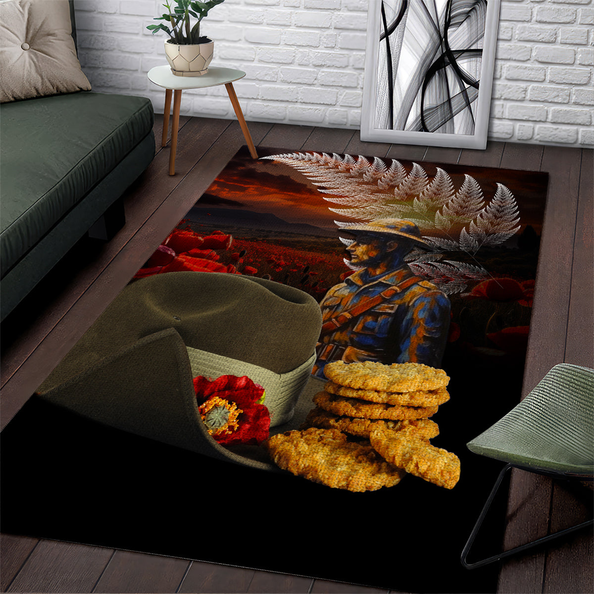 Slouch Hat and Biscuits ANZAC Area Rug with Soldier Silver Fern LT03 Black - Polynesian Pride