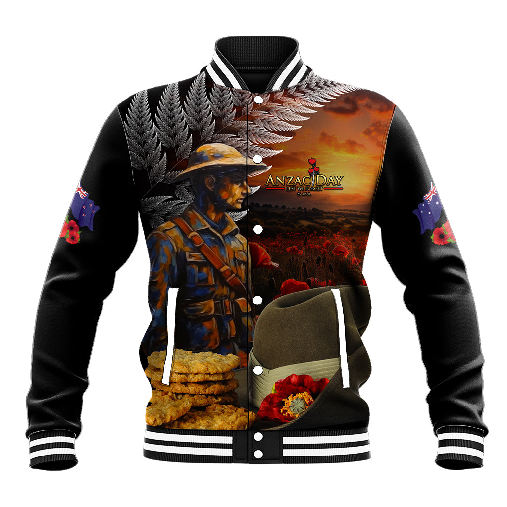 Slouch Hat and Biscuits ANZAC Baseball Jacket with Soldier Silver Fern LT03 Unisex Black - Polynesian Pride