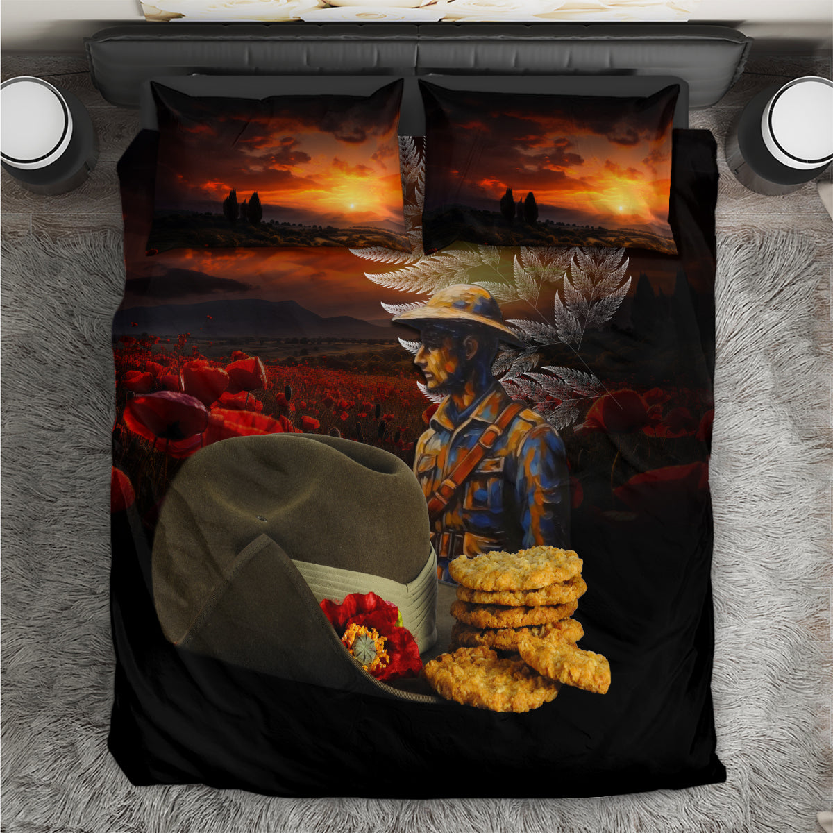 Slouch Hat and Biscuits ANZAC Bedding Set with Soldier Silver Fern LT03 Black - Polynesian Pride