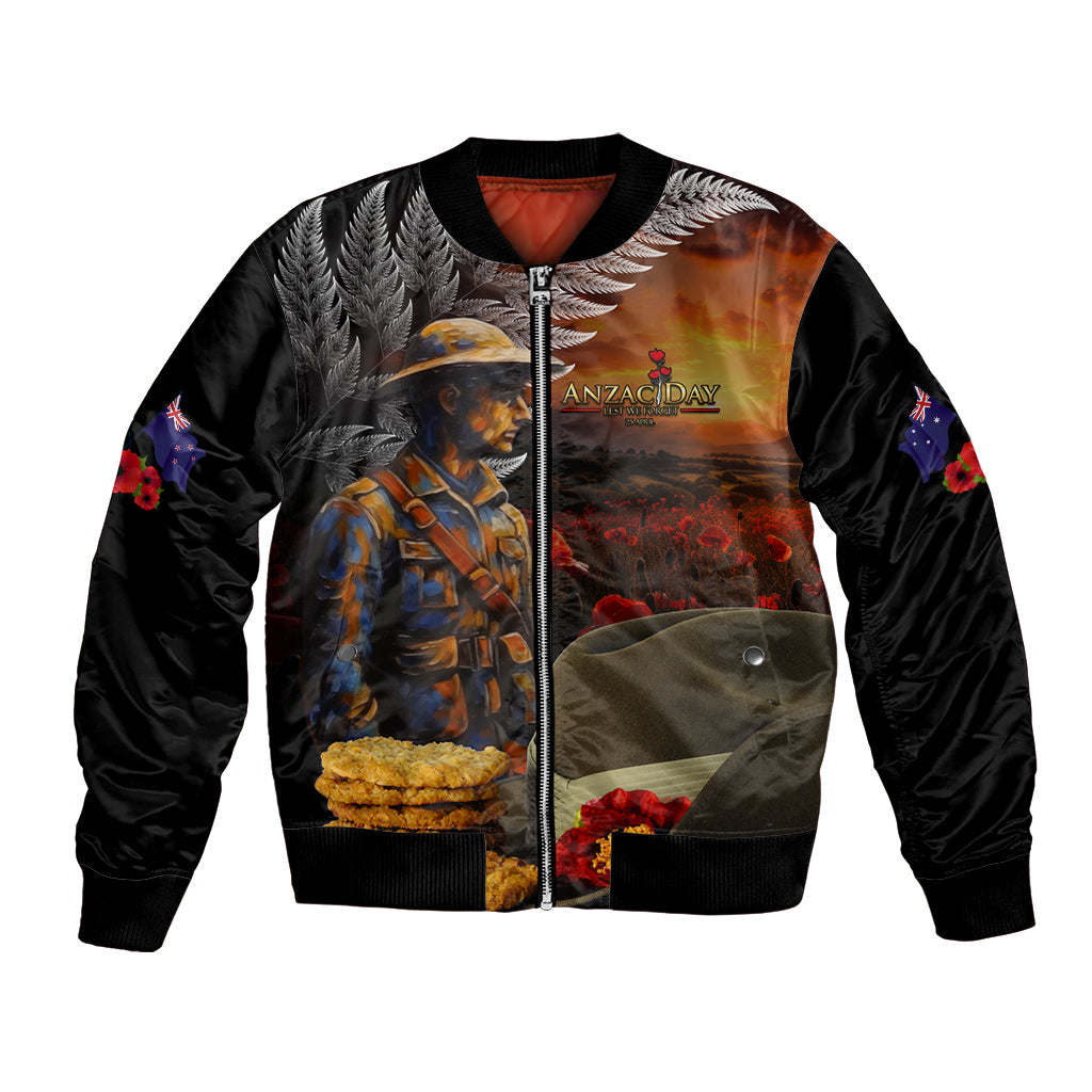 Slouch Hat and Biscuits ANZAC Bomber Jacket with Soldier Silver Fern LT03 Unisex Black - Polynesian Pride