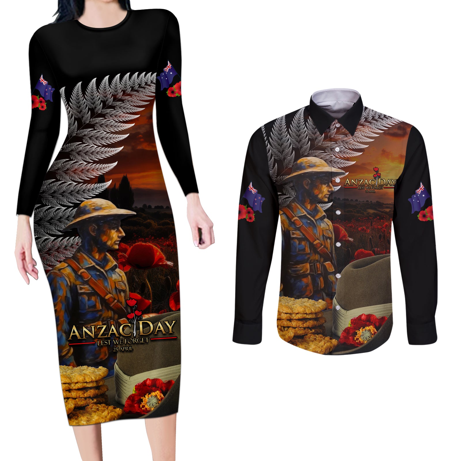 Slouch Hat and Biscuits ANZAC Couples Matching Long Sleeve Bodycon Dress and Long Sleeve Button Shirt with Soldier Silver Fern LT03 Black - Polynesian Pride