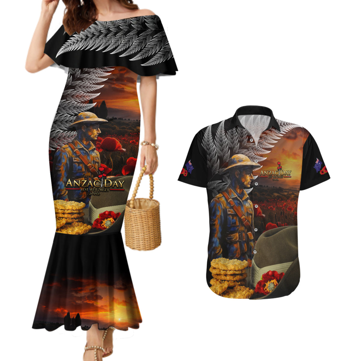 Slouch Hat and Biscuits ANZAC Couples Matching Mermaid Dress and Hawaiian Shirt with Soldier Silver Fern LT03 Black - Polynesian Pride