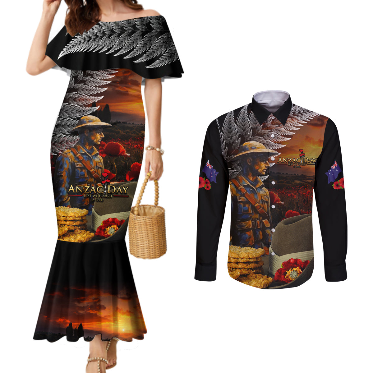 Slouch Hat and Biscuits ANZAC Couples Matching Mermaid Dress and Long Sleeve Button Shirt with Soldier Silver Fern LT03 Black - Polynesian Pride