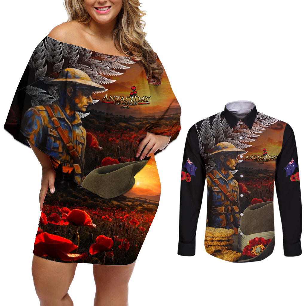 Slouch Hat and Biscuits ANZAC Couples Matching Off Shoulder Short Dress and Long Sleeve Button Shirt with Soldier Silver Fern LT03 Black - Polynesian Pride