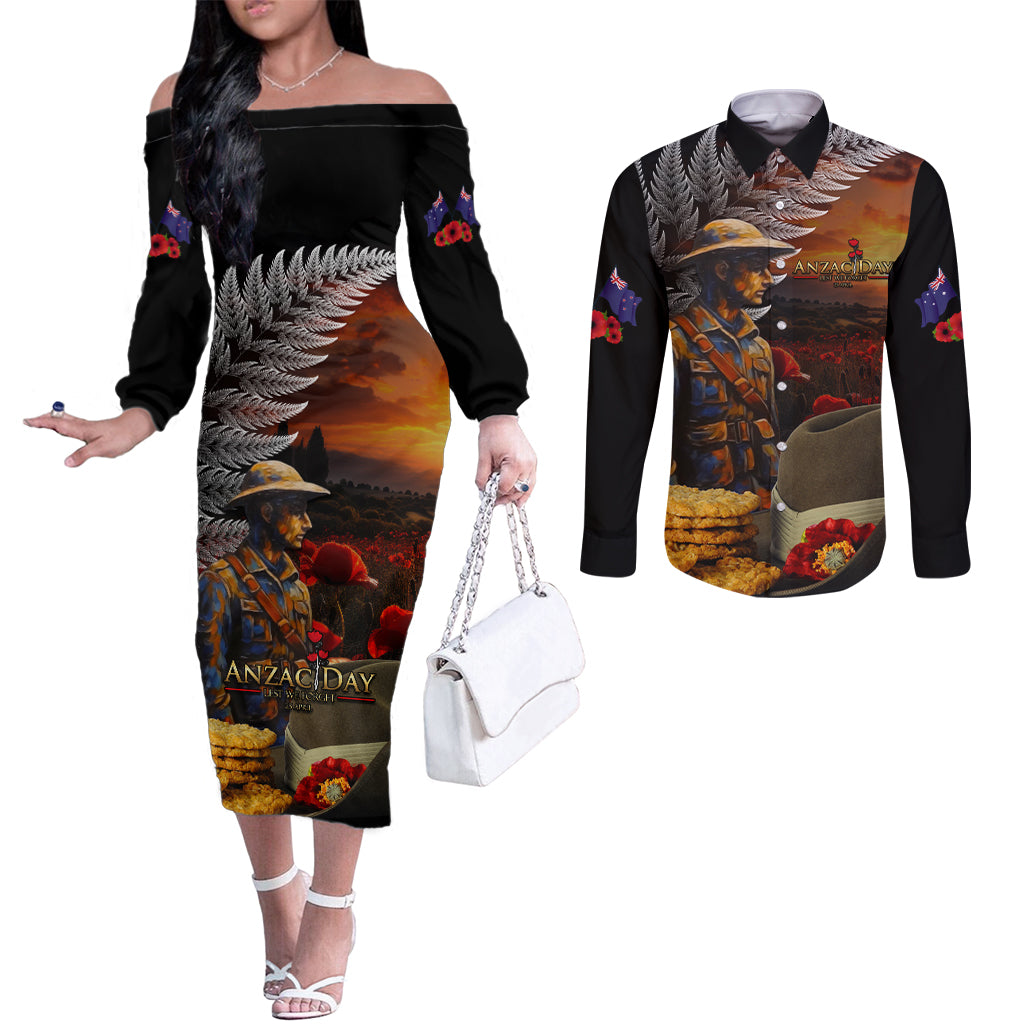 Slouch Hat and Biscuits ANZAC Couples Matching Off The Shoulder Long Sleeve Dress and Long Sleeve Button Shirt with Soldier Silver Fern LT03 Black - Polynesian Pride