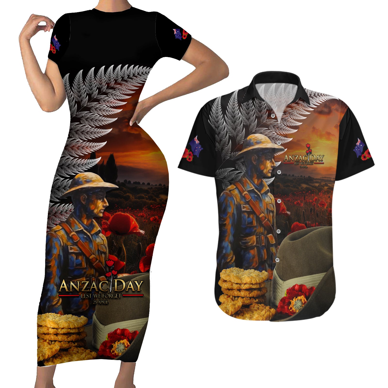 Slouch Hat and Biscuits ANZAC Couples Matching Short Sleeve Bodycon Dress and Hawaiian Shirt with Soldier Silver Fern LT03 Black - Polynesian Pride