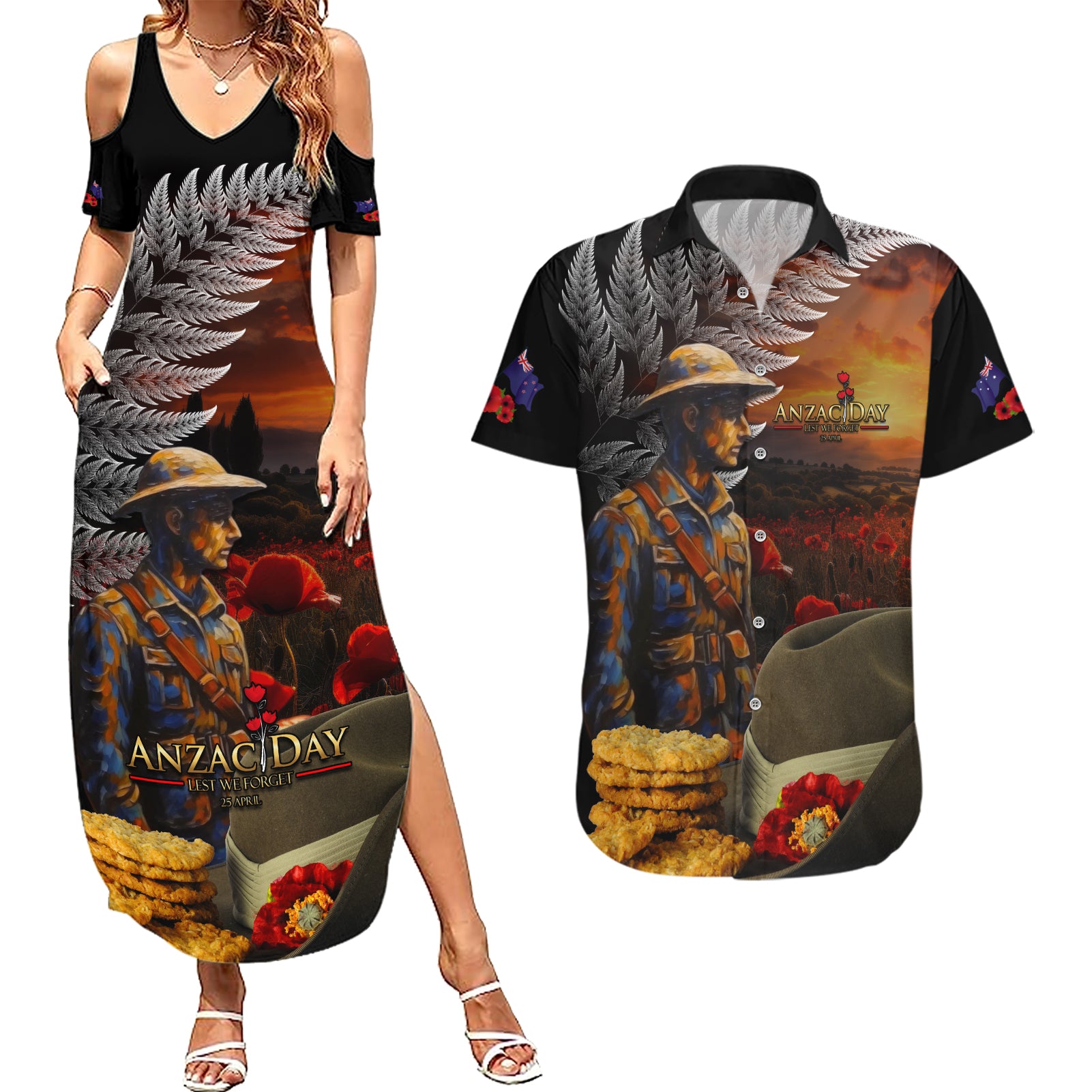 Slouch Hat and Biscuits ANZAC Couples Matching Summer Maxi Dress and Hawaiian Shirt with Soldier Silver Fern LT03 Black - Polynesian Pride