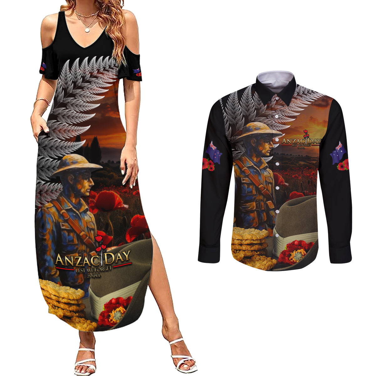 Slouch Hat and Biscuits ANZAC Couples Matching Summer Maxi Dress and Long Sleeve Button Shirt with Soldier Silver Fern LT03 Black - Polynesian Pride