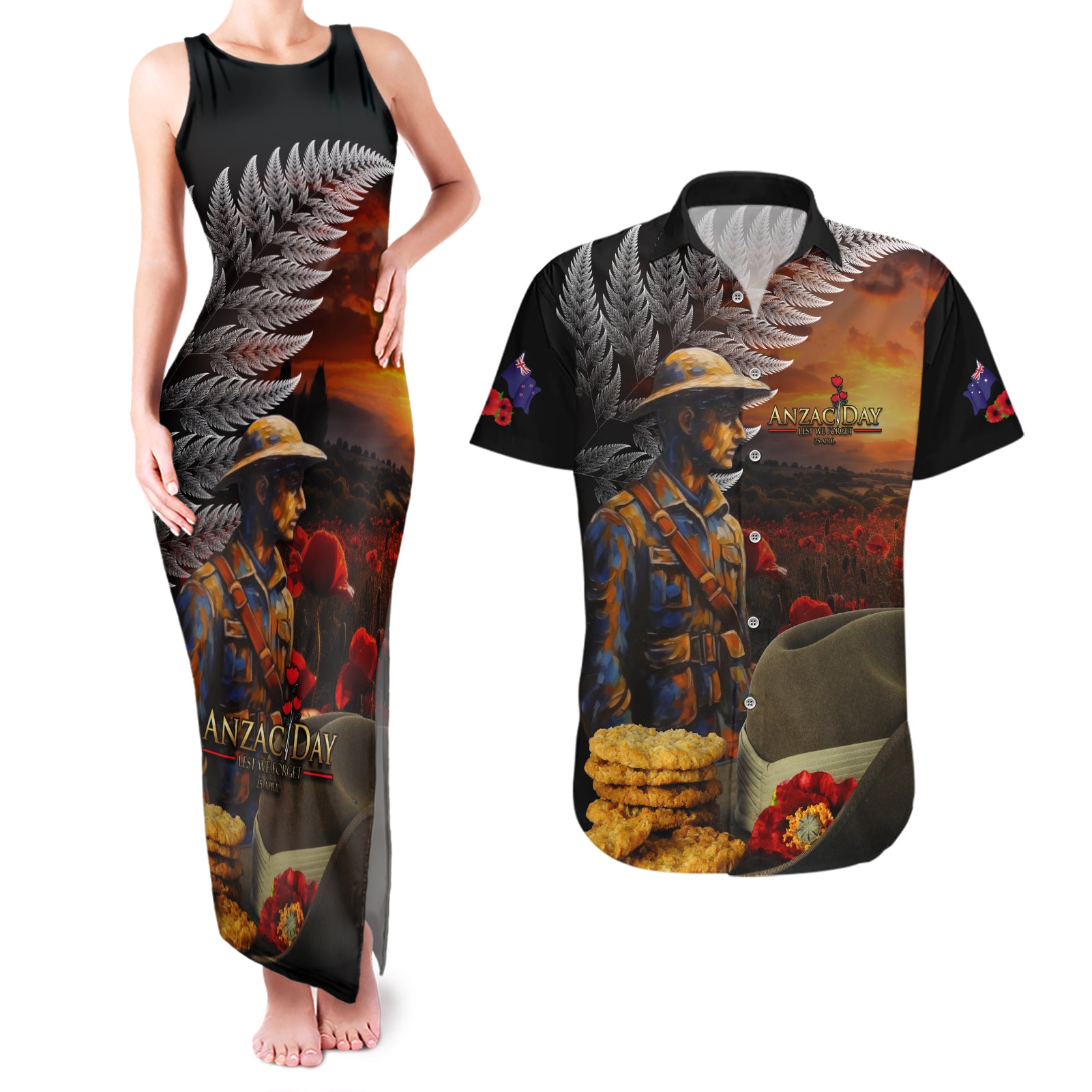 Slouch Hat and Biscuits ANZAC Couples Matching Tank Maxi Dress and Hawaiian Shirt with Soldier Silver Fern LT03 Black - Polynesian Pride