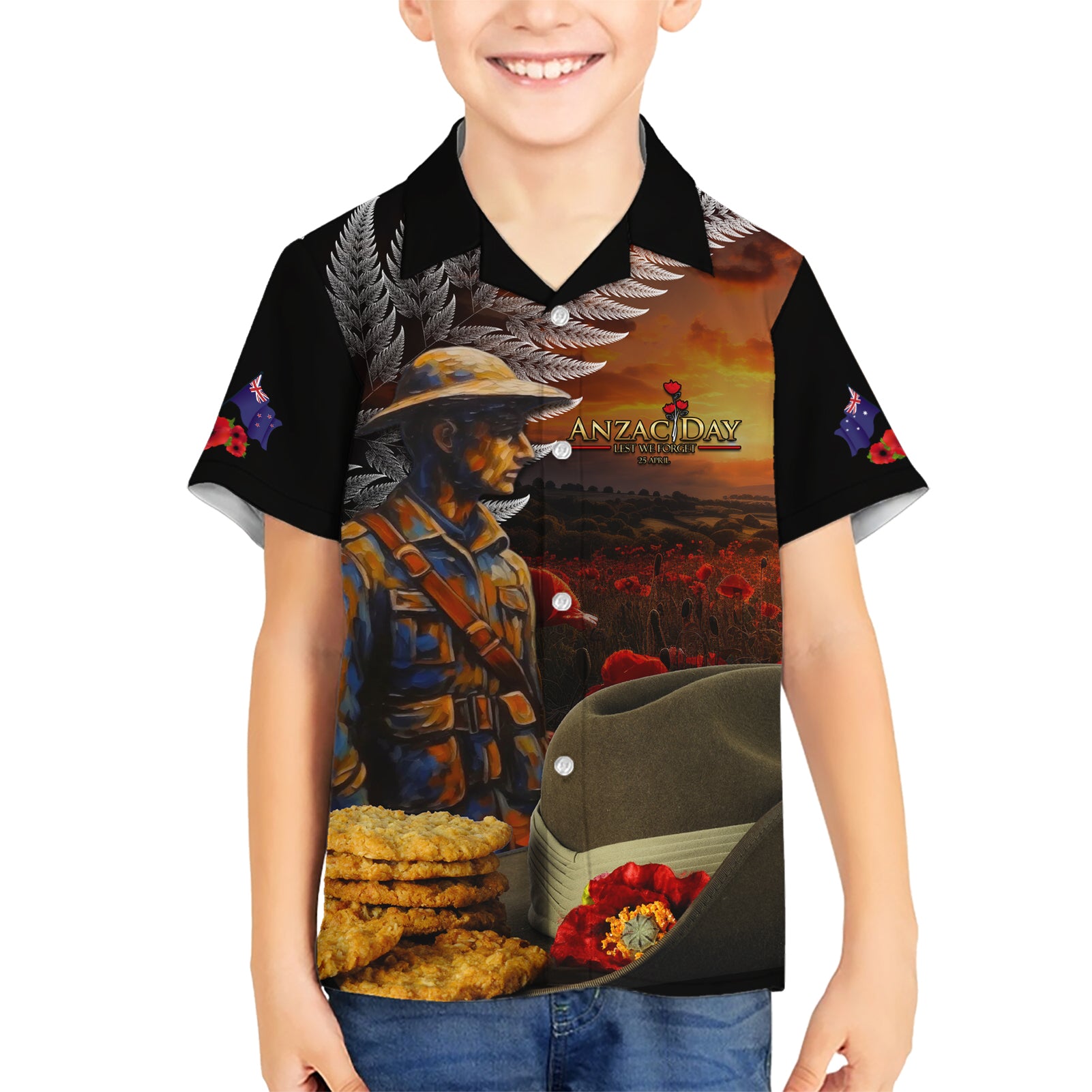 Slouch Hat and Biscuits ANZAC Kid Hawaiian Shirt with Soldier Silver Fern LT03 Kid Black - Polynesian Pride