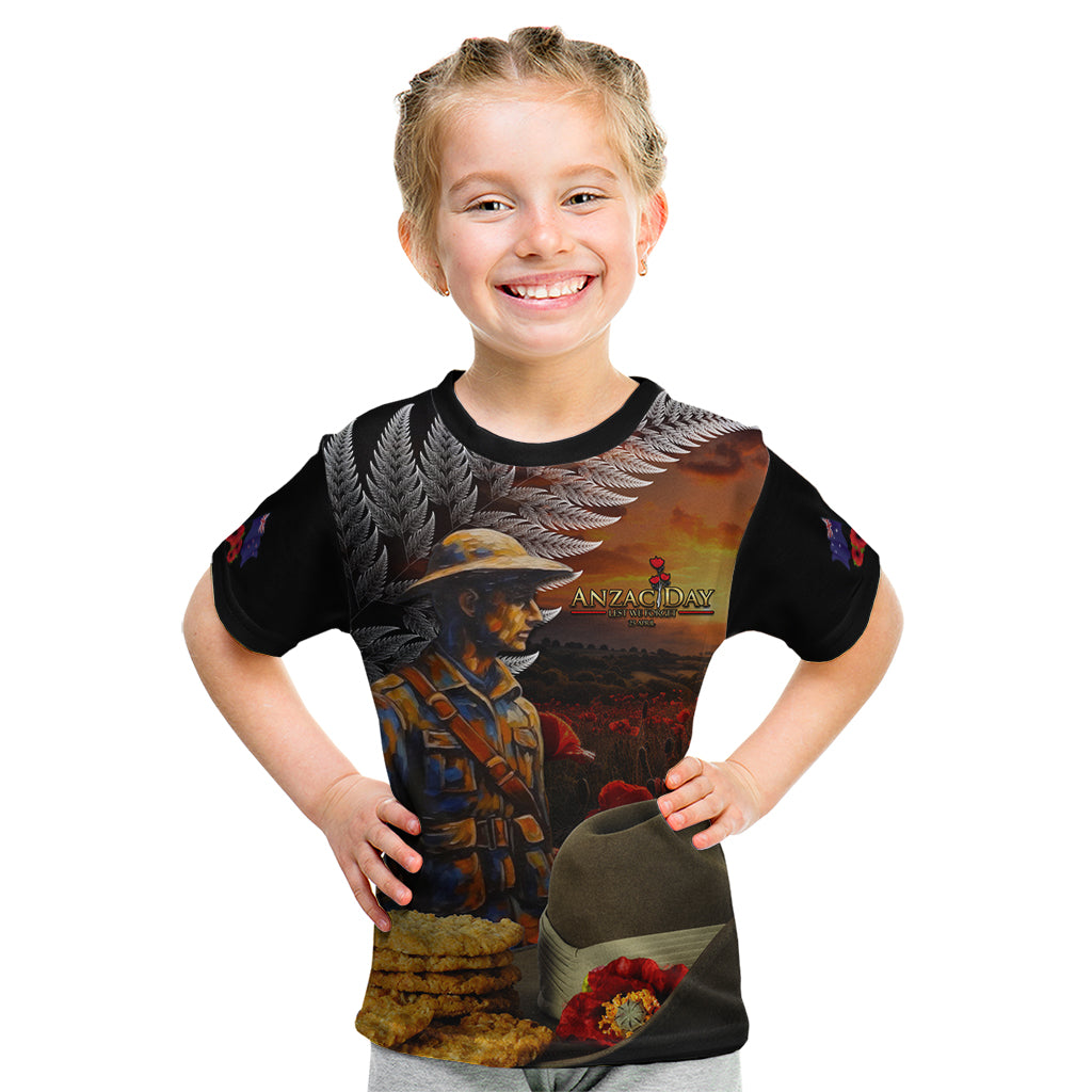 Slouch Hat and Biscuits ANZAC Kid T Shirt with Soldier Silver Fern LT03 Black - Polynesian Pride