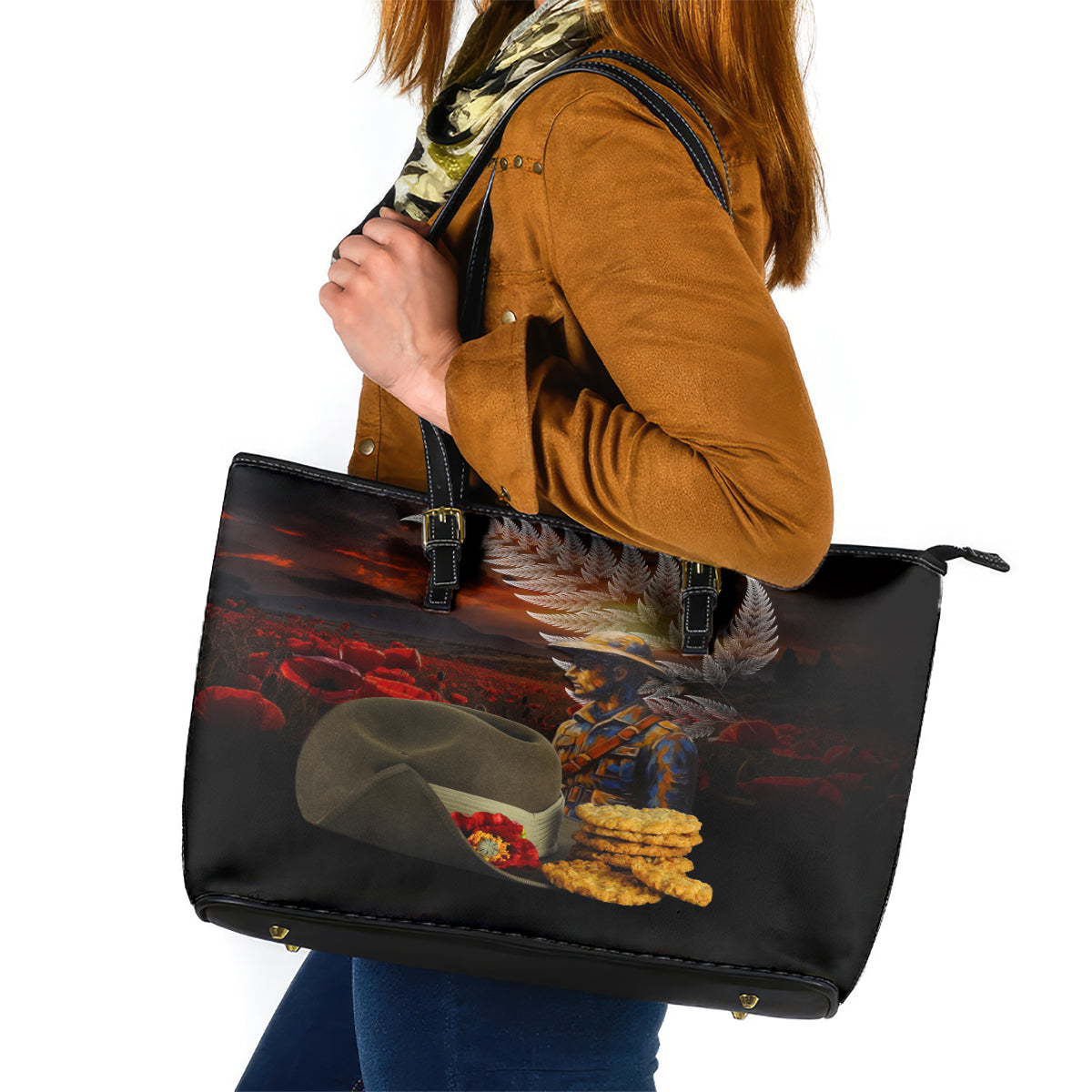 Slouch Hat and Biscuits ANZAC Leather Tote Bag with Soldier Silver Fern LT03 Black - Polynesian Pride