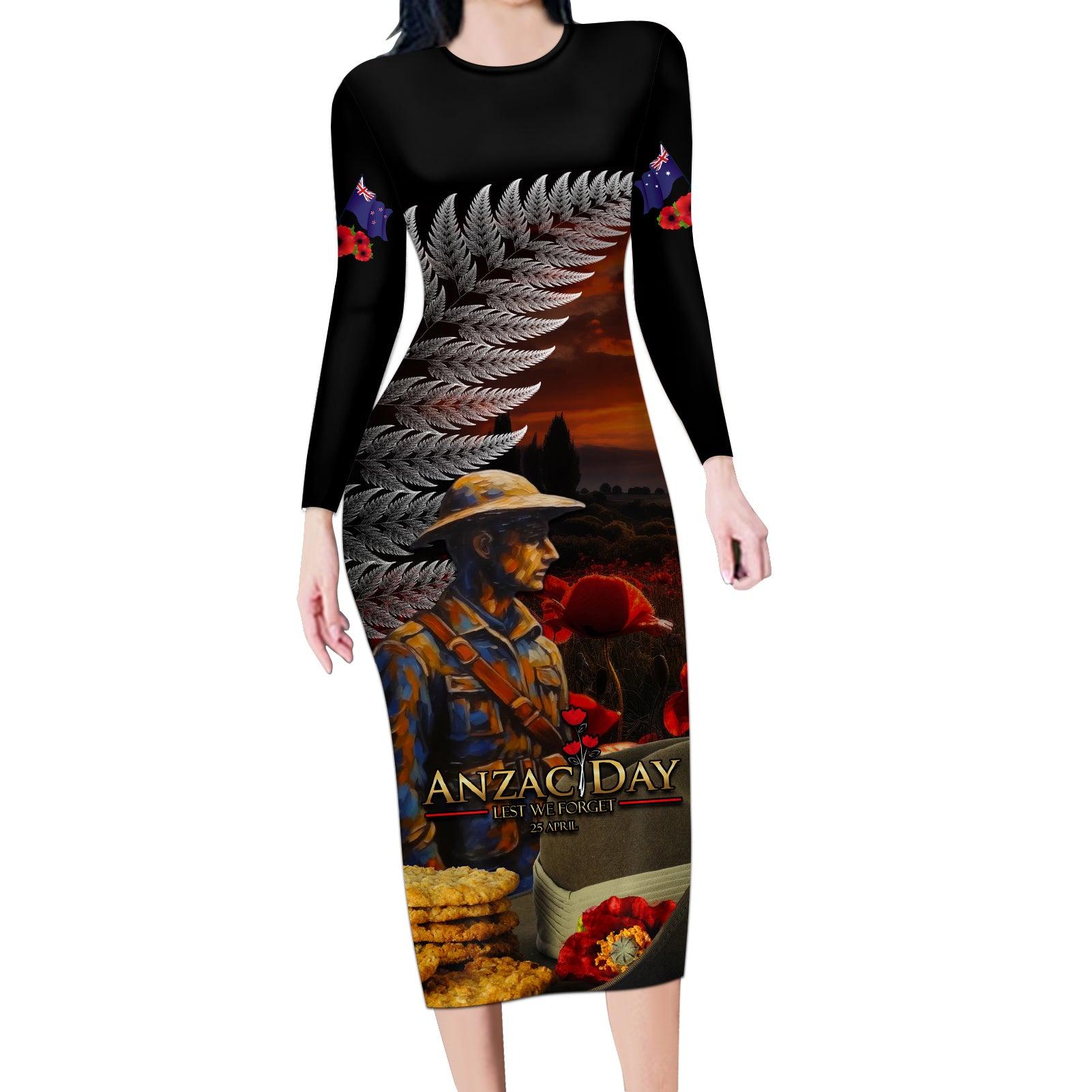 Slouch Hat and Biscuits ANZAC Long Sleeve Bodycon Dress with Soldier Silver Fern LT03 Long Dress Black - Polynesian Pride