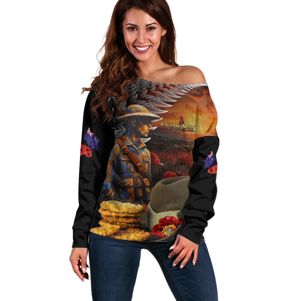 Slouch Hat and Biscuits ANZAC Off Shoulder Sweater with Soldier Silver Fern LT03 Women Black - Polynesian Pride