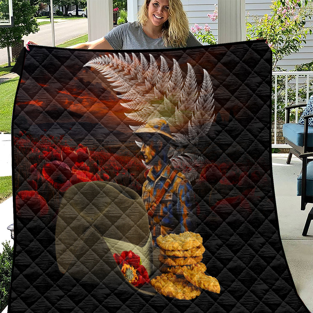 Slouch Hat and Biscuits ANZAC Quilt with Soldier Silver Fern LT03 Black - Polynesian Pride