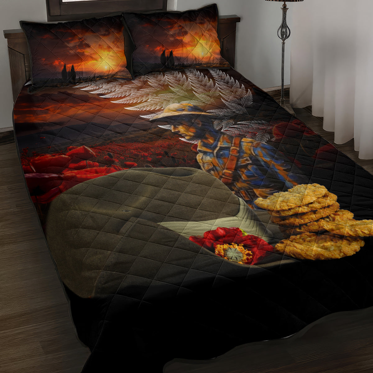 Slouch Hat and Biscuits ANZAC Quilt Bed Set with Soldier Silver Fern LT03 Black - Polynesian Pride