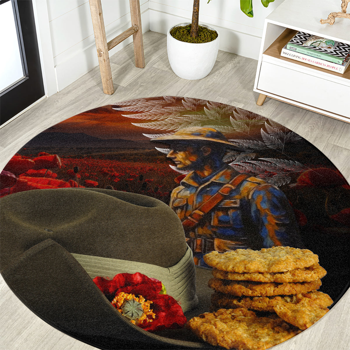 Slouch Hat and Biscuits ANZAC Round Carpet with Soldier Silver Fern LT03 Black - Polynesian Pride