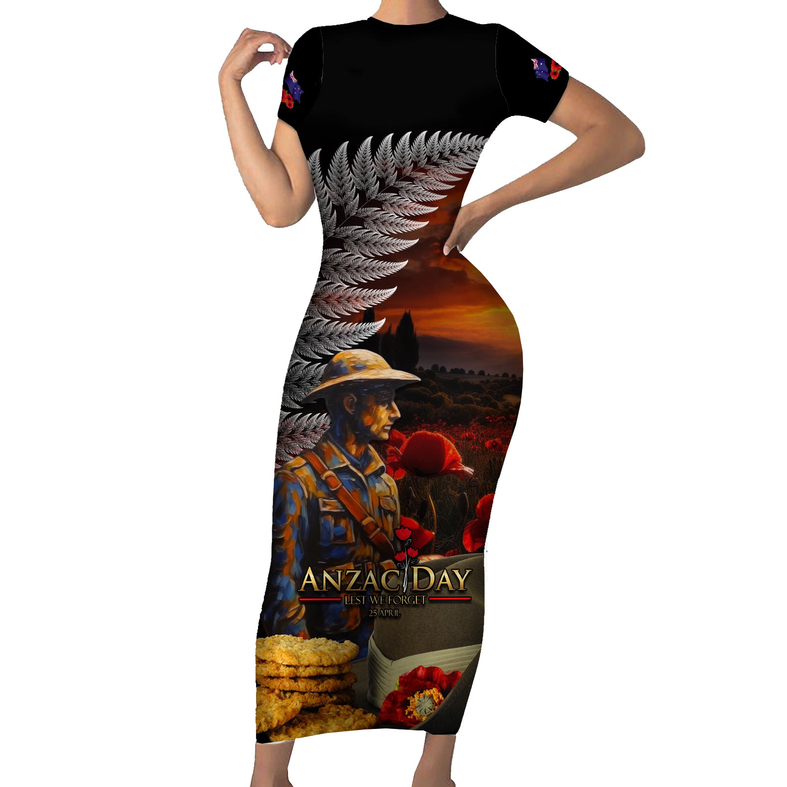 Slouch Hat and Biscuits ANZAC Short Sleeve Bodycon Dress with Soldier Silver Fern LT03 Long Dress Black - Polynesian Pride