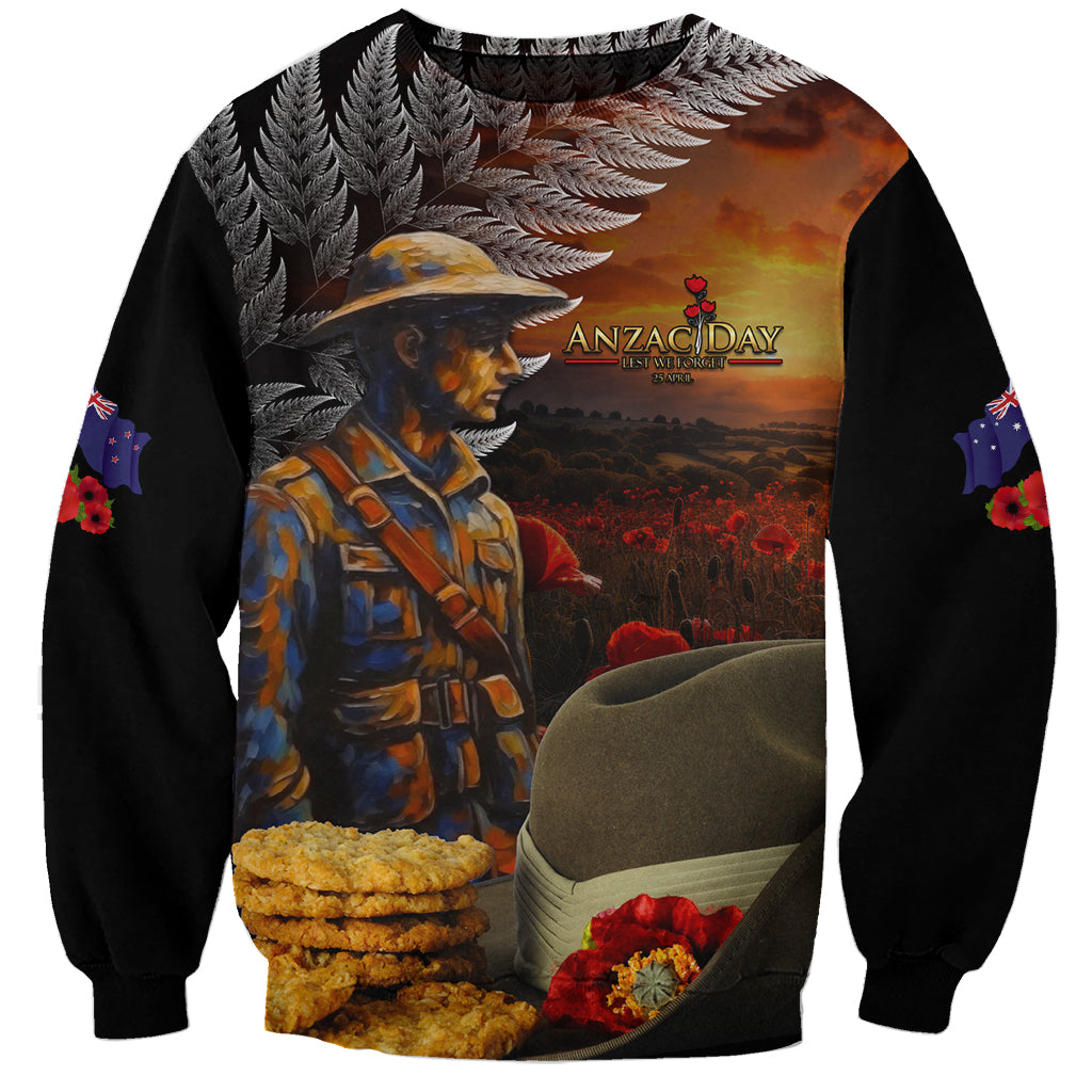 Slouch Hat and Biscuits ANZAC Sweatshirt with Soldier Silver Fern LT03 Unisex Black - Polynesian Pride