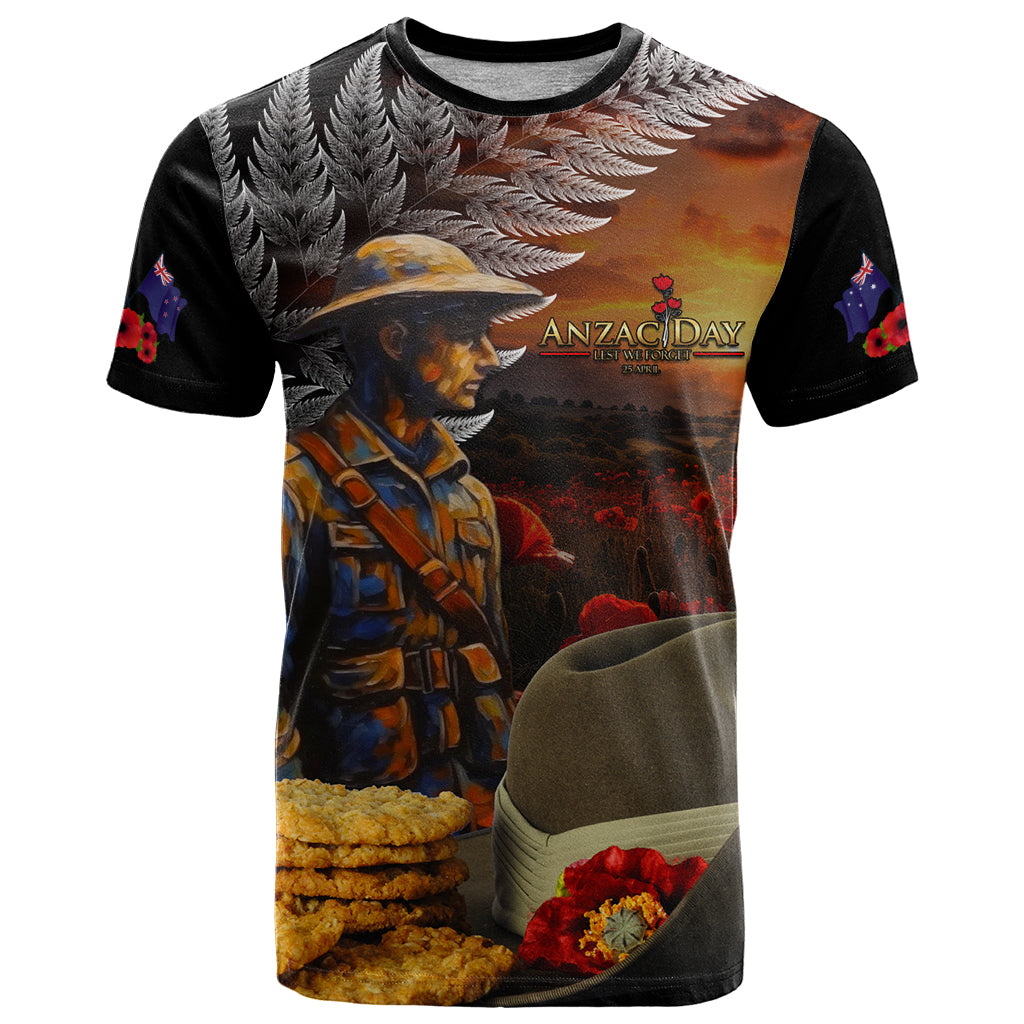 Slouch Hat and Biscuits ANZAC T Shirt with Soldier Silver Fern LT03 Black - Polynesian Pride