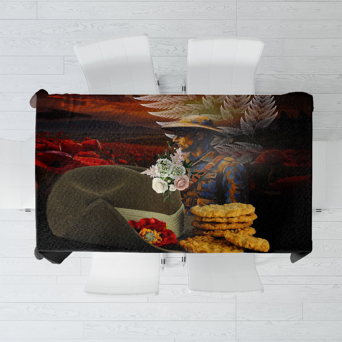 Slouch Hat and Biscuits ANZAC Tablecloth with Soldier Silver Fern LT03 Black - Polynesian Pride