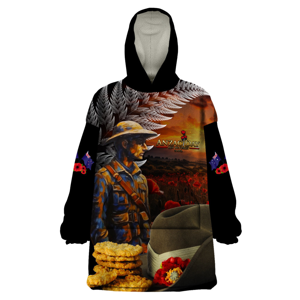 Slouch Hat and Biscuits ANZAC Wearable Blanket Hoodie with Soldier Silver Fern LT03 One Size Black - Polynesian Pride