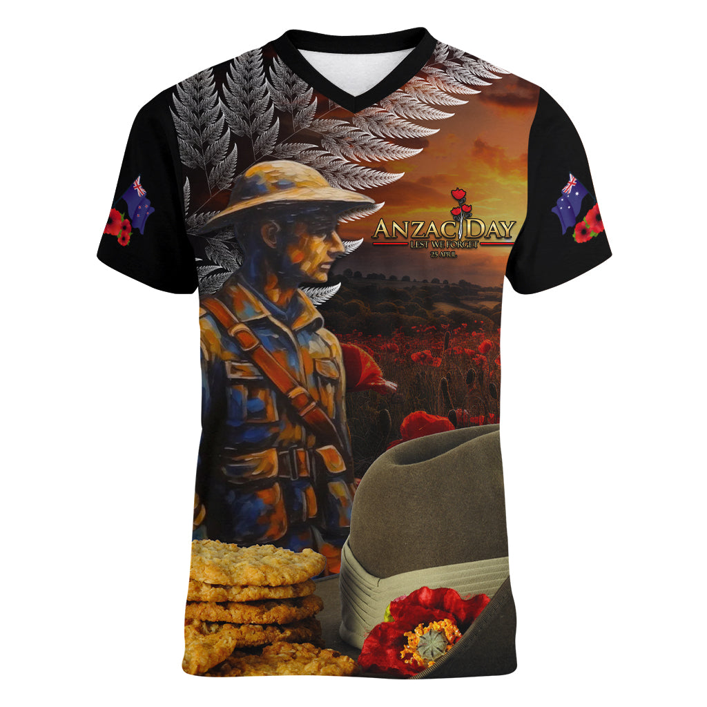 Slouch Hat and Biscuits ANZAC Women V Neck T Shirt with Soldier Silver Fern LT03 Female Black - Polynesian Pride