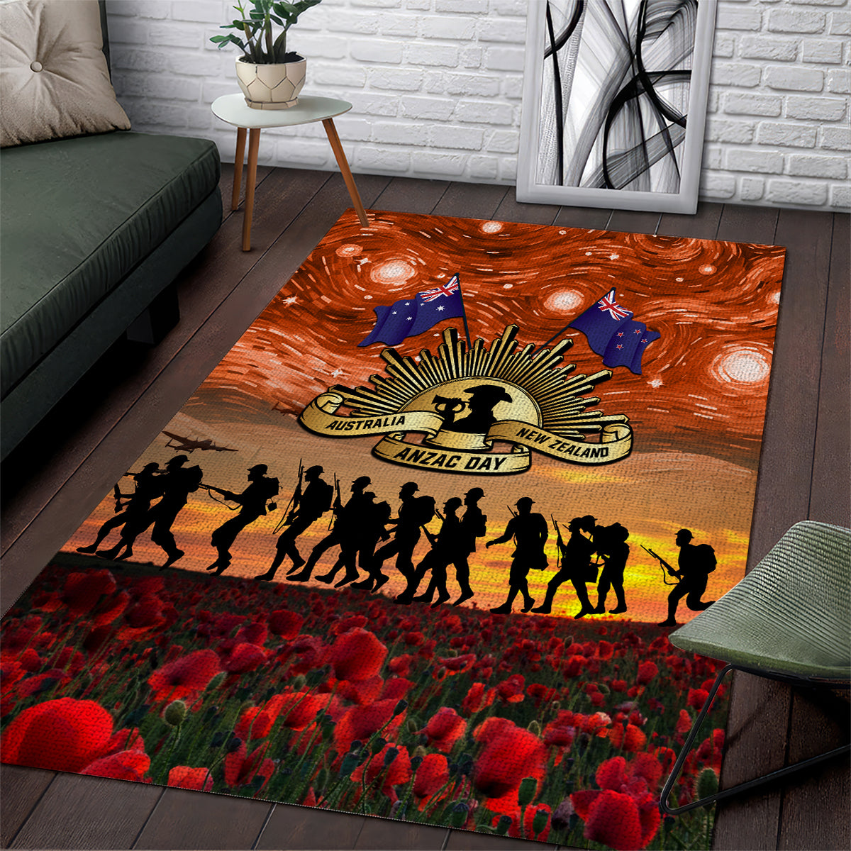 The Rising Sun Badge ANZAC Area Rug Last Post Field of Poppy Starry Night Style LT03 Black - Polynesian Pride